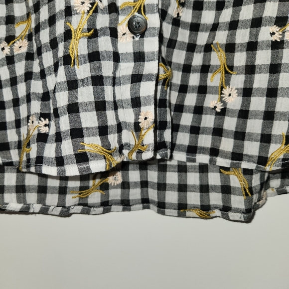 Madewell Black/White Gingham Embroidered 3/4 Sleeve Top Size XS Textured Flowers - Picture 6 of 11